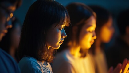 Small Group Of Asian Individuals Engaging In Prayer, Worship, And Belief. Friends And Families Worshiping Together And Studying The Holy Bible In Church. A Small Group Focusing On Learning And Prayer.