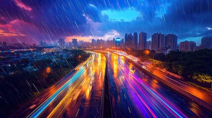 Obraz premium City Highway Light Trails During Rainy Night