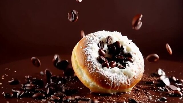 Espresso cronut shattering with cream and coffee bean fragments in air under a slow rich brown backdrop with subtle coffee tones