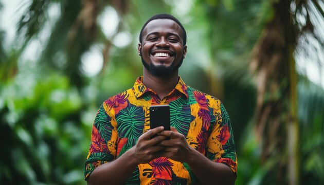 African Man Expressing Emotions With Phone In Hand, Finding Joy In Technology And Communication, Displaying African Appearance And Cultural Pride.