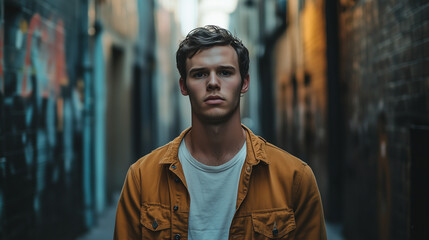Fototapeta premium Portrait of a young man in a yellow shirt in an urban alleyway
