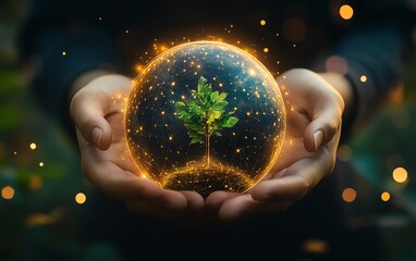 Hands holding the earth globe with a growing tree on top, representing Earth Day, arbor day, environmental conservation, and a clean planet concept