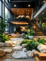 Modern office interior with lush greenery, stone pathways, and a mezzanine level.