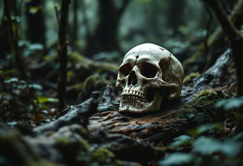 A human skull resting on a fallen tree trunk in a dark, overgrown forest with dense vegetation and decaying wood