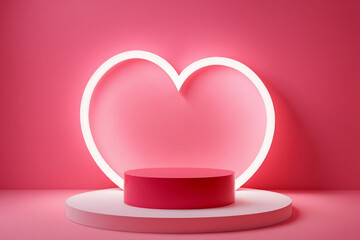 Empty light podium with glow neon on abstract background with heart shaped and copy space. Modern platform for product placement or montage, promotion, mock up. Wedding and Valentine's day concept.