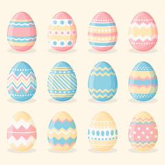 Set of colorful easter eggs on a light yellow background. Easter vector collection in flat design.