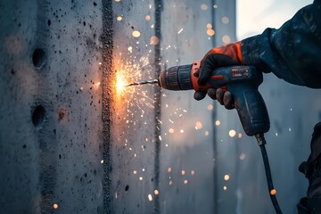 Concrete wall being drilled by a worker