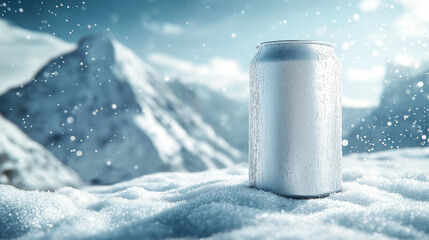 A white beer can is depicted in the snow against the background of mountains and plentifully falling snow, which creates a promotional video poster.