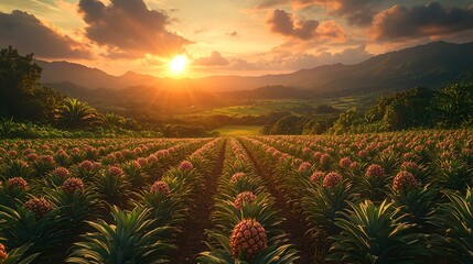 Obraz premium Pineapple Plantation Sunset Over Lush Green Mountains