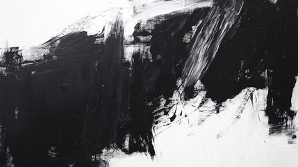 Black and white paint strokes forming an abstract shape, resembling the texture of oil painting on canvas, set against a stark background,
