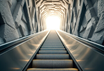 A long escalator with a silver metallic finish, leading up to a bright, illuminated space above