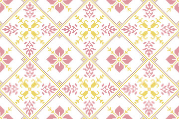 pixel art flower on white background wallpaper oriental seamless pattern.ornament. Ethnic .decor style.  geometric ornament. Vector seamless pattern.  blanket, rug. Woven carpet fabric