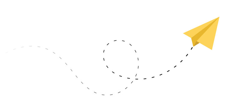 Yellow paper plane with dotted line trail on white background. Minimalist design ideal for travel, business, and branding projects. Perfect for creative graphics and communication visuals.