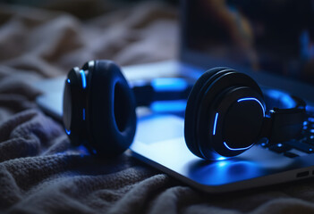 A pair of black and blue wireless headphones on a laptop keyboard with a glowing blue light