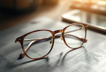 A pair of brown-framed eyeglasses on a desk, with a white smartphone or device in the background