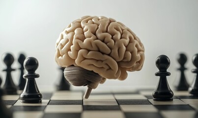 Brain model above chessboard; strategic thinking.