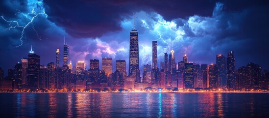 Obraz premium Dramatic City Skyline at Night with Lightning.