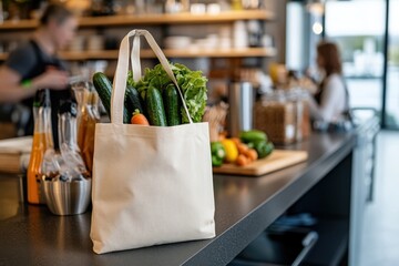 A stylish beige tote bag filled with fresh organic vegetables, set against a trendy café backdrop, promoting a commitment to health and sustainability in lifestyle choices.
