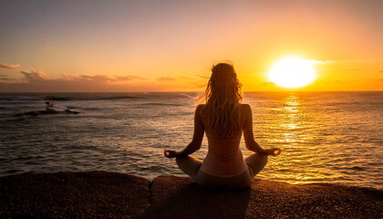 Fototapeta premium hand of woman meditating in a yoga pose on beach, space for text 