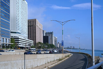 Chicago, USA - August 29, 2022:  Lakeshore Drive expressway in Gold Coast area of Chicago beside Lake Michigan
