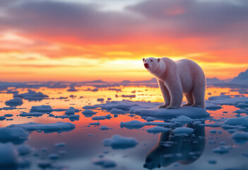 A polar bear standing on an ice floe in the Arctic ocean at sunset, with a calm, reflective surface and a colorful sky in the background