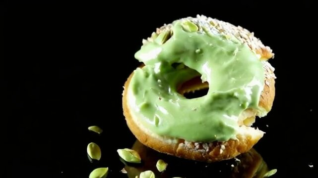 Pistachio cronut breaking with green cream and nut shards cascading in air under a deep black background with green highlights for a fresh look