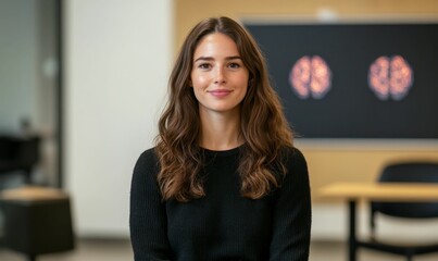 Fototapeta premium Smiling woman, dark sweater, blurred classroom background.