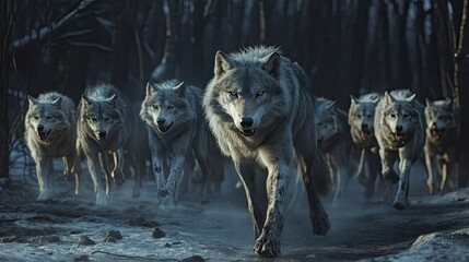 A pack of wolves runs through a dark winter forest © Hungarian