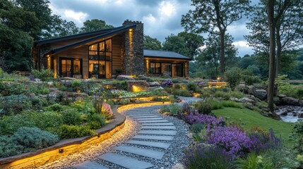 Fototapeta premium Serene modern home surrounded by lush gardens at dusk.