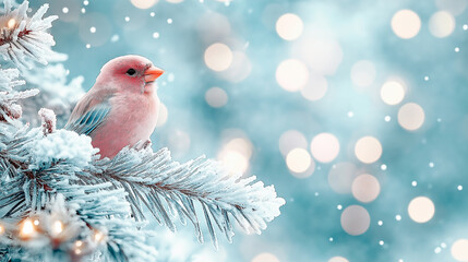 Bullfinch Sitting on the Snowy Winter Branches, cozy space for typography, greeting card