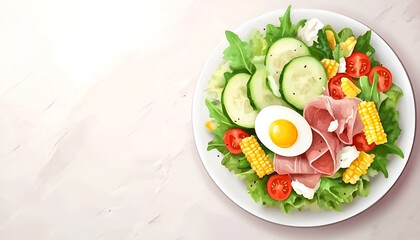 Festive salad with ham, cucumber, boiled eggs, sweet corn and mayonnaise on wooden table