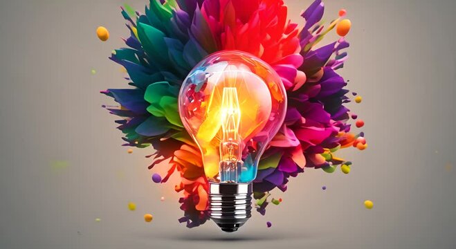 Creative colored light bulb explosion with shards and paint a creative idea Think different concept Business ideas and the disblank covery of new technology video 4K