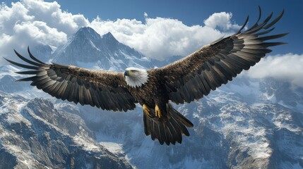 Obraz premium Majestic bald eagle soaring over snow-covered mountain peaks under blue sky