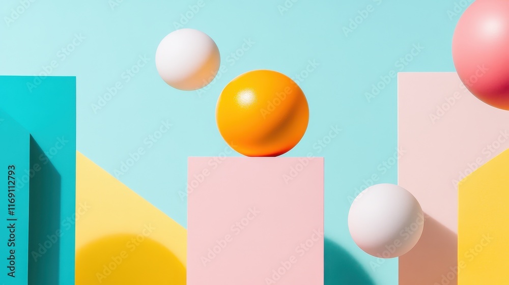 Poster vibrant and playful composition of colorful shapes and forms in a three-dimensional space