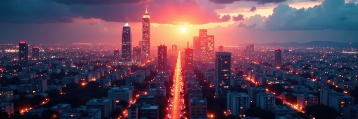 Obraz premium Glowing cityscape at dusk with rays of light and sparkling bokeh effects, sparkles, glow, skyline