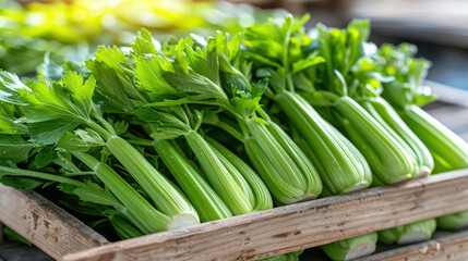 Obraz premium A bundle of vibrant green celery stalks displayed in a rustic wooden crate at a fresh produce market. The natural light enhances their crisp and fresh appearance.