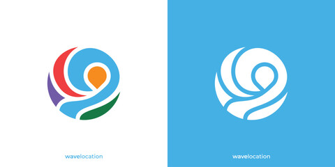 Simple Wave Pin Logo. Wave Beach Ocean and Pin Map Location Point Icon Graphic. Sunset Location Design Template.