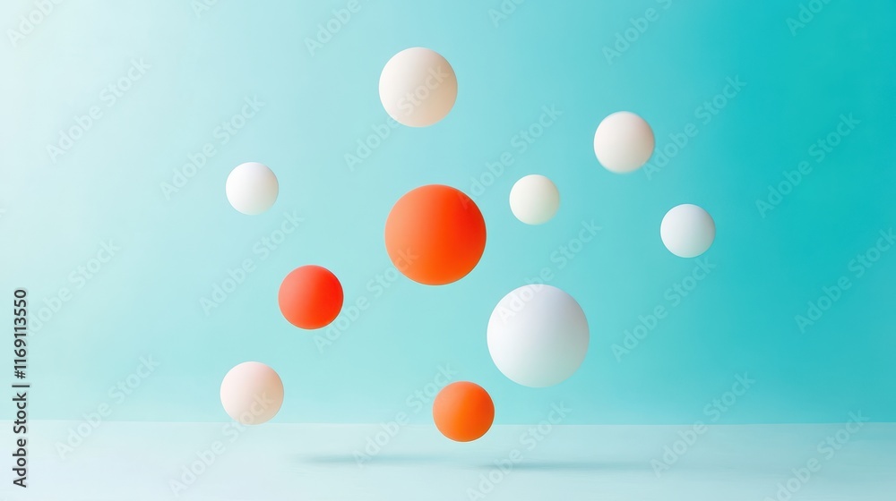 Poster dynamic arrangement of three dimensional spheres in soft color palette with light background
