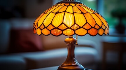 Illuminated Tiffany-style table lamp with amber glass shade, ornate base, warm light, home interior.