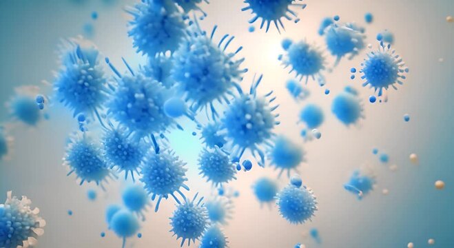 Animation of blue viruses on light blue background Viruses require living organism to replicate Viral infection and disease epidemic concept vertical video antibodies attack 4K