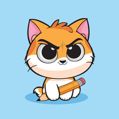 Orange and white cat holding a pencil, a cute vector illustration.