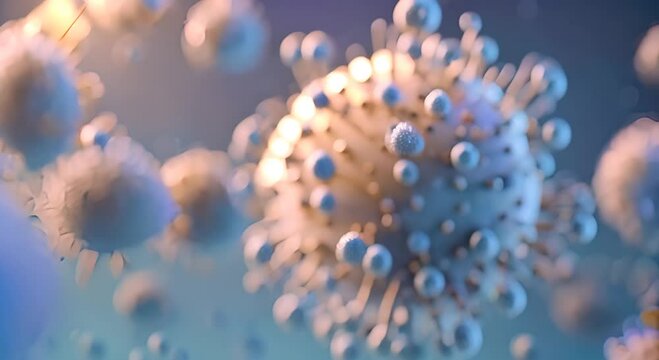 Animation of blue viruses on light blue background Viruses require living organism to replicate Viral infection and disease epidemic concept vertical video antibodies attack 4K