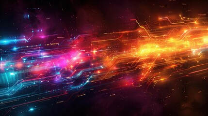 Fototapeta premium Abstract Digital Circuitry with Glowing Lines and Red, Orange, and Blue Lights