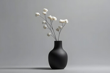 Flores secas blancas decorativas en un jarrón negro sobre fondo gris