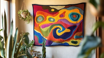 Fototapeta premium A vibrant wool tapestry hanging on a wall, showcasing the artistry and beauty of wool in home decor