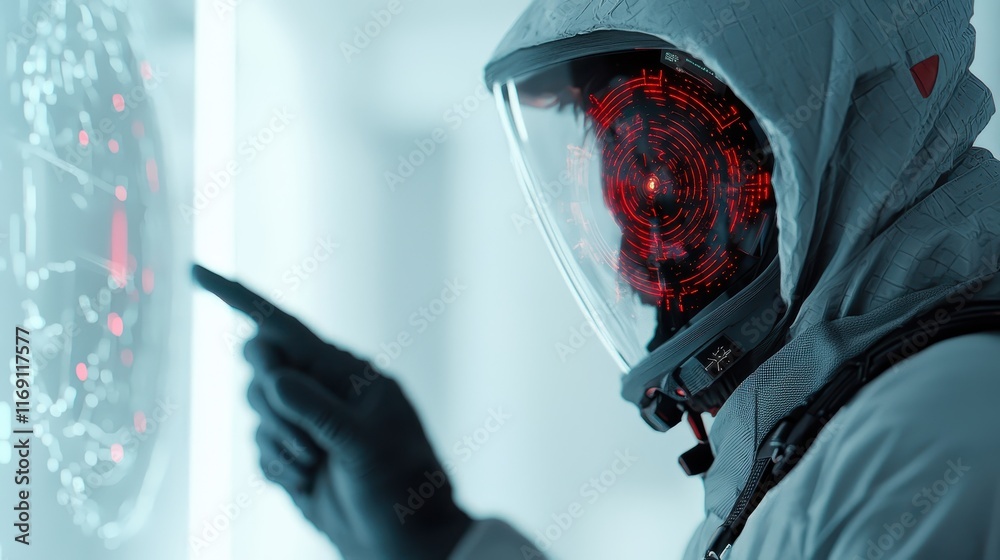 Poster sophisticated technician in a futuristic setting configuring a complex device with advanced technolo