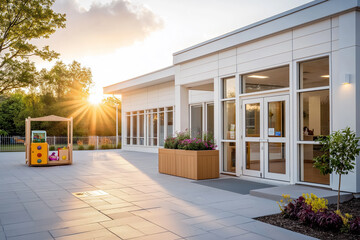 Fototapeta premium Modern preschool building exterior with playground at sunset, concept of education and architecture