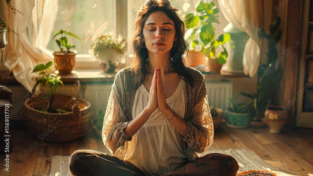 Fototapete a person engages in meditation, sitting cross-legged on a soft mat, surrounded by lush plants. sunli