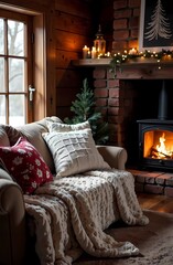 Fototapeta premium Modern living room with a sofa bed, cushions, plaids and an inviting seating area