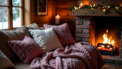 Modern living room with a sofa bed, cushions, plaids and an inviting seating area